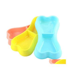 Otros suministros para mascotas Cute Bone Shape Dog Cat Puppy Food Travel Feeding Feeder Dogs Water Dish Double Bowl Plastic Colorf Vtm0145 Drop Dhhin