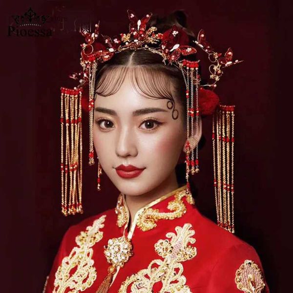 Other Pioessa Boda de estilo chino Corona de Fénix vestido de novia tostado borla de mariposa roja vestido antiguo adorno de coronaL231221