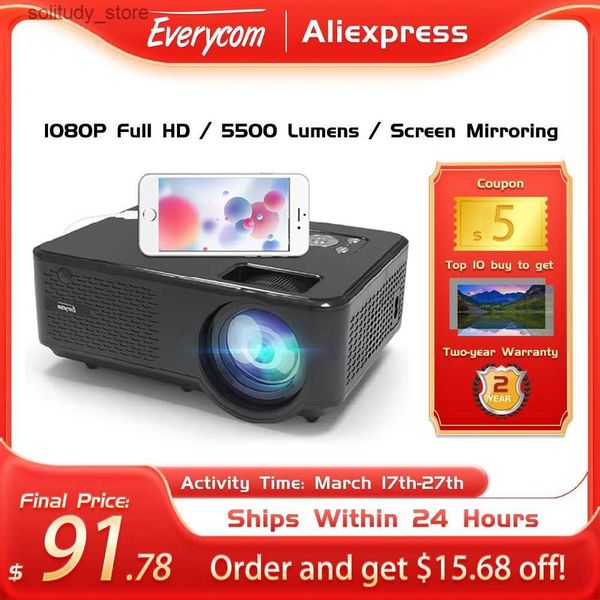 Autres accessoires de projecteur Everycom M8 1080p Mini LED Home Theatre Video Projecteur Full HD 5500 Lumens 5G WiFi Multi Screen Smartphone LCD Pico Movie Beam Q240322