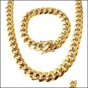 Otros conjuntos de joyas inoxidables de joyería de joyería de joyería de 24 km de oro cubano collar de alta calidad Cabecillo Cadena de acera de 1.4 cm entrega de gota