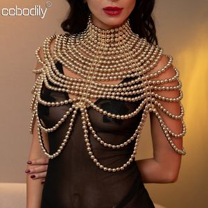 Outras mulheres sexy pérola corpo cadeia sutiã tamanho ajustável xale colares colarinho ombro moda tops corrente colares corpo jóias 230314