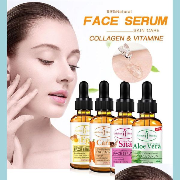 Autres outils de soins de la peau Sérum hydratant pour le visage Aloe Vera naturel Carotte Oeufs d'escargot nourrissant Blanchiment Essence Contrôle de l'huile Acné Long Las Dhdd5