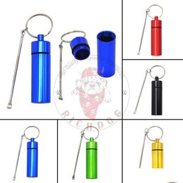 Autres accessoires pour fumeurs Étanche Pill Case Box Stash Bottle Metal Container Jar Avec Snuff Snorter Spoon Fumer Wax Oil Dab Dab Dhn6C