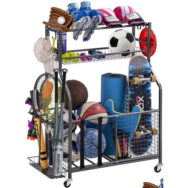 Autres articles de sport Organisateur de stockage d'équipement de sport de garage avec paniers et crochets - Le support d'engrenage à billes facile à assembler peut contenir le panier Dhosk