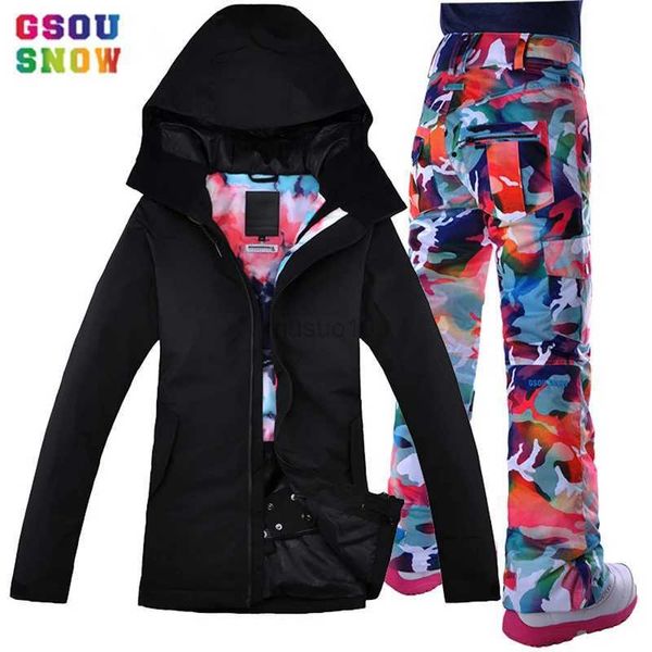 Autres articles de sport Gsou Snow Nouveau costume de ski féminin extérieur imperméable alpinisme double planche simple planche noir couleur éblouissante combinaison de ski femme HKD231106