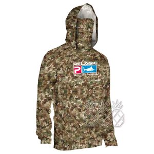 Andere sportartikelen PELAGISCH hengelsport Hoodie-shirts Camouflage viskleding met lange mouwen en masker Uv-halskap Mannen ademend hengelsportshirt 230802