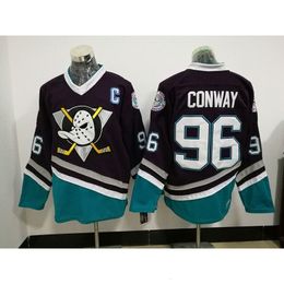 Otros artículos deportivos Púrpura Mighty Ducks Jerseys de hockey sobre hielo para hombres 96 Charlie Conway Todo cosido 231204