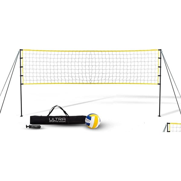 Otros productos deportivos Neta de voleibol: incluye 32x3 pies Regation tamaño de 8.5 pulgadas PU Carrying Bag Líneas de límite de acero Bomba Heig Dhlwt