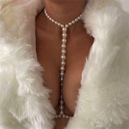 Andere stonefans Fashion Pearl Body Chain Bra Necklace Harness for Women Summer Sexy Bikini Crystal Belly Taille Chain Beach Sieraden 221008