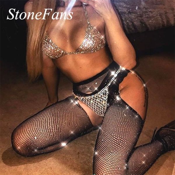 Autres Stonefans Sexy Bling Crystal Body Chain Body Accessoires pour femmes Mesh Underwear Bra and Thong Set Bikini Jewelry 221008