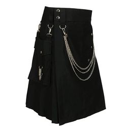 Autre mode d'été Kilt utilitaire avec chaînes Sier jupe noire jupes de festival écossais pour hommes jupe plissée pendentif en métal punk rock