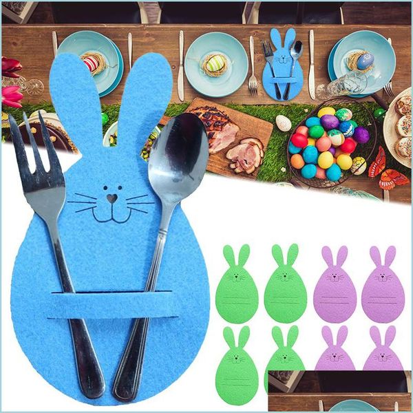 Autres accessoires de décoration de table 4 pièces / ensemble sac à couverts de lapin de Pâques fête de printemps oeufs de lapin en forme de cuillère porte-fourchette onglet de dîner Dhw5Y