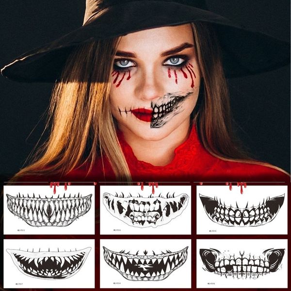 Autres fournitures de tatouage 10pcsset tatouages temporaires Halloween effrayant grande bouche crâne dents corps art autocollants jetables fête spectacle hommes femmes maquillage enfant 230830