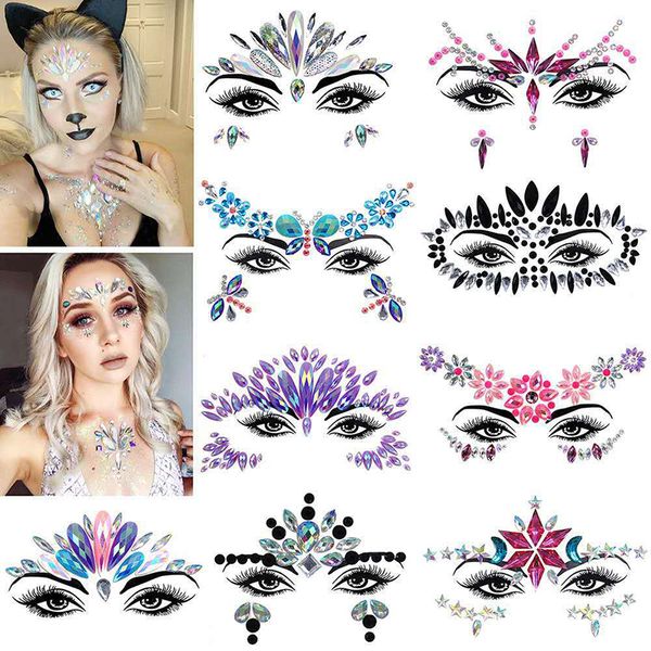 Autres fournitures de tatouage 3D diamant sourcil autocollant Halloween maquillage brillant strass visage bijoux tatouage auto-adhésif bricolage beauté festival de musique décor 230919