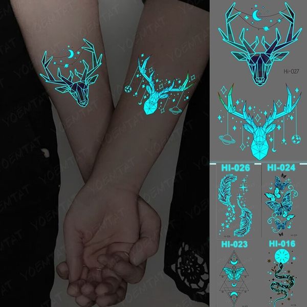 Otros suministros de tatuaje 5 unids luminoso impermeable pegatina temporal astas pluma mariposa serpiente resplandor flash tatto mujeres hombres brazo tatuajes falsos 230921