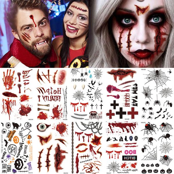 Andere tattoo-benodigdheden Halloween Waterdichte tijdelijke tattoo-stickers Sexy Bloody Makeup Zombie Litteken Tattoo Decoratie Wond Horror Bloedsticker 230830