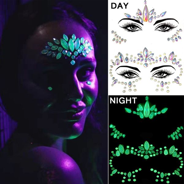 Autres fournitures de tatouage Paillettes lumineuses pour le visage Strass Halloween Tatouage temporaire Glow dans l'autocollant de bijoux de visage sombre pour le maquillage de fête du festival 230830