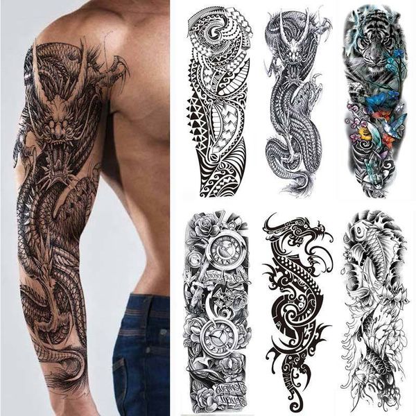 Otros suministros de tatuaje Tatuajes temporales para hombres Etiqueta de manga de brazo grande Dragón Tigre Pez Cráneo completo Tótem Lobo Impermeable Falso Tatoo para mujeres 230921