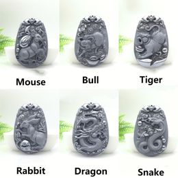 Autre Pendentif en pierre naturelle Terahertz sculpté 12 pendentifs du zodiaque chinois collier chanceux énergie saine bijoux de mode en pierre puissante