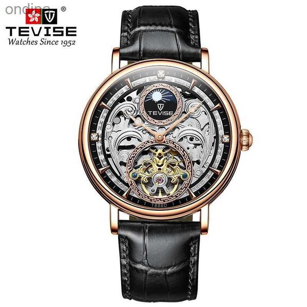 Otro TEVISE Rose Gold Man Automático Mecánico Fase Lunar Cuero Luminoso Reloj Masculino Impermeable T888D Dropshipping YQ240122