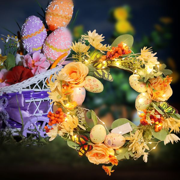 Otros juguetes 30 cm Guirnalda de huevos de Pascua feliz con luz Decoración de fiesta Colgante de puerta Simulación Flor Guirnalda Decoración de ratán Suministros 230227