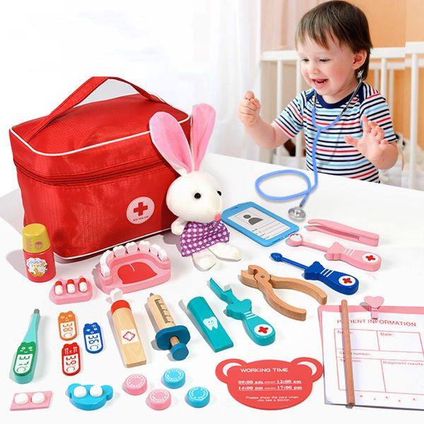 Otros juguetes Doctor Toys for Children Set Kids Wooden Pretend Play Kit Juegos para niñas Niños Red Dentist Medicine Box Bolsas de tela Regalos 230213