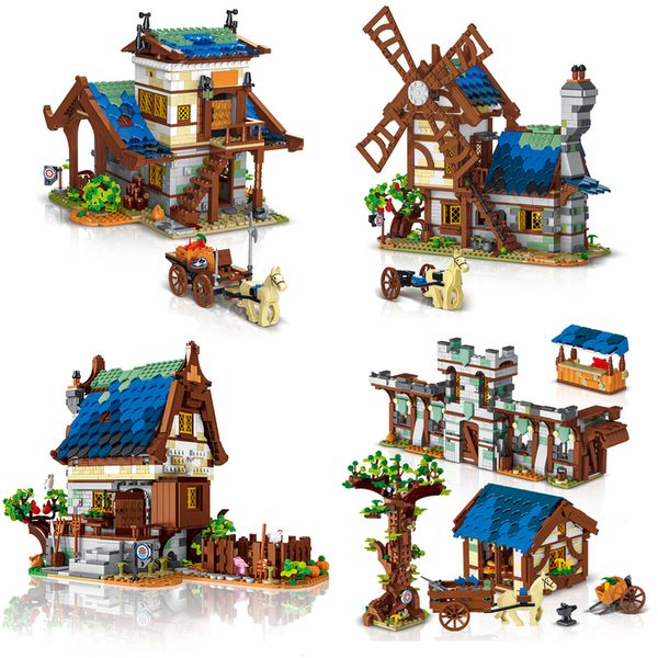 Otros juguetes urgentes 50101 El mercado de la ciudad medieval Smithy City retro Windmill House Street View Blocks Model Building Bricks For Kids Gift 230815