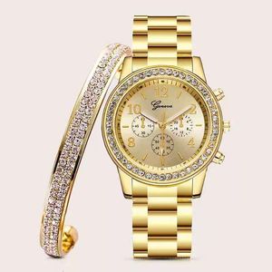 Autre Watche Watch Bangle for Women Bracelet Crystal Luxury Simple Gold Set Bijoux 2pcSet Cadeaux 230811