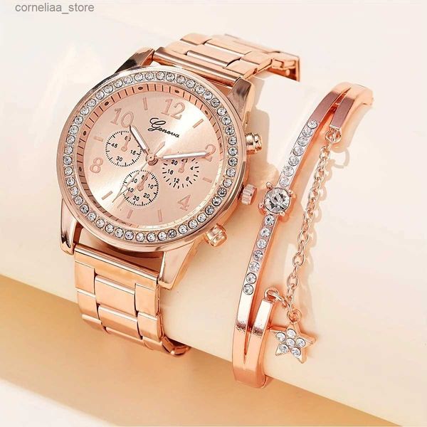 Autres montres 1pc Pointeur rond Bracelet en alliage Quartz Électronique 1pc Bracelet strass étoile Y240316