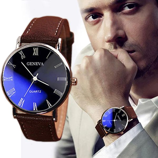 Autres montres 2023 Genève Hommes Montre Chiffres Romains Blu Ray Faux Cuir Bande Quartz Analogique Montre-Bracelet 231216