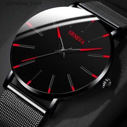 Andere horloges 2023 Geneva Minimalist Heren Ultradunne blauwe roestvrijstalen gaasriem es Man Business Casual Quartz Pols Y240316