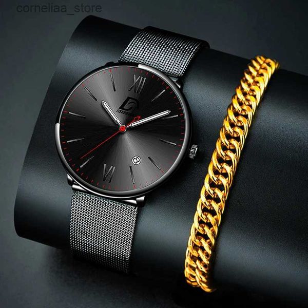 Otros relojes 2023 Luxury Mens Es Pulseras de oro Cinturón de malla de acero inoxidable Muñeca de cuarzo Hombres Calendario Reloj luminoso Y240316