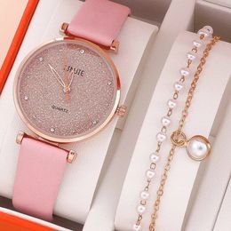 Otros relojes Conjunto de reloj de pulsera de 2 piezas con banda de cuero rosa adorable de cuarzo para mujer Reloj de vestir informal para mujer Reloj de pulsera Reloj Mujer 231207