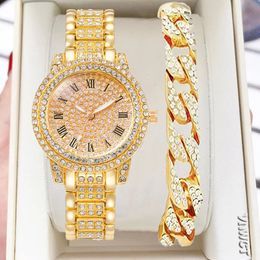 Andere horloges 2pcs Luxe Dames Diamanten Horloges Hiphop Armband Dames Quartz Horloge Roségoud Dameshorloge Glanzend Kristal Reloj Mujer 231020