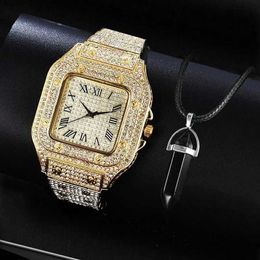 Andere horloges 2PCS Mens Watch Set Fashion Casual Watch Simple Mens Square Dial Quartz Watch Clock Necklace Setl240403