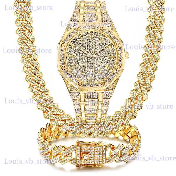 Autres montres 3pcs ES pour hommes femmes couple calendrier luxe wist collier bracelet bijoux ensemble bling or argent diamant chaîne cubaine T240329