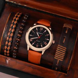 Autres montres 4pcs Brown Round Quartz avec bracelet en cuir Hommes Tressé Business Fashion Casual pour Sports quotidiens Y240316