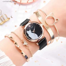 5 stks/set Dames es Rose Gouden Armband Set Kat Patroon Zwart Magneet Dames Armband Pols es Luxe Quartz Klok Y240316