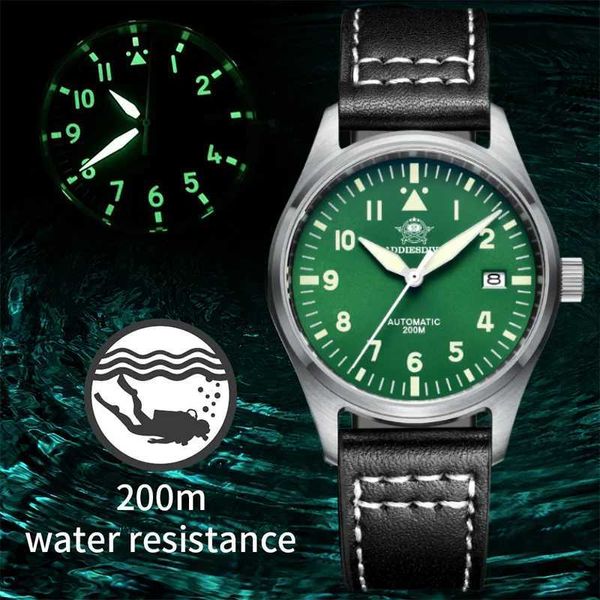 Autres montres Adiediesdive Automatic NH35 Movie Pilot Watch C3 Brightness Black Down et 39 mm Case étanche Sapphire Glass 200m Diving Watch J240508