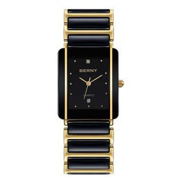 Overige horloges Berny Keramisch Quartz Herenhorloge Mode Luxe Rechthoekig Horloge Berny XV12 Waterdicht Kalender Diamant Zwart Goud Paar Horloge J240131