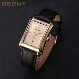 Autres montres Berny Watch Mens rectangulaire montre à quartz japonaise étanche affaires robe rectangulaire hommes horloge haut bracelet en cuir J240326