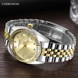 Otros relojes CHRONOS Hombres Reloj de lujo Oro Pulsera de acero inoxidable resistente al agua Calendario Muñeca Hombre Reloj de negocios de dos tonos 231214