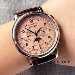 Autres montres Corgeut 42 mm rose/bleu/blanc/noir poli multifonction automatique montre-bracelet pour homme date semaine mois année affichage bracelet en cuir J240131