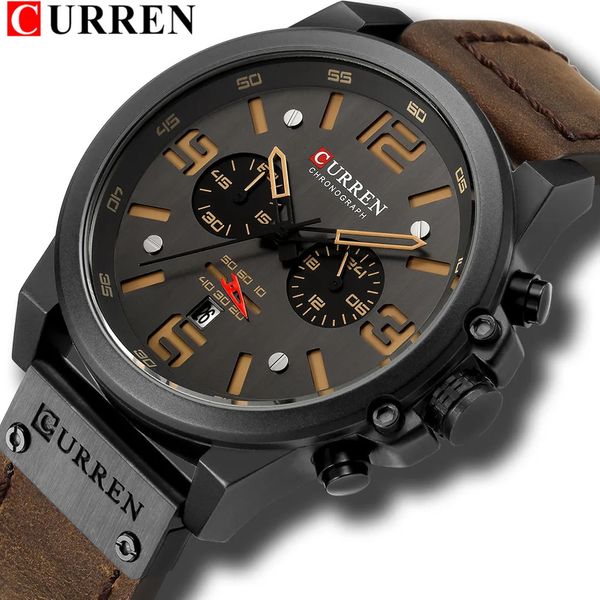 Autres montres CURREN Hommes Montres Top Marque De Luxe Étanche Sport Montre-Bracelet Chronographe Quartz Militaire En Cuir Véritable Relogio Masculino 230928