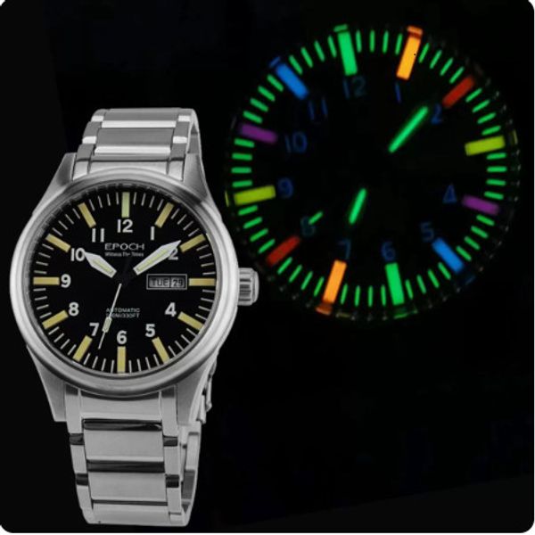 Autres montres Epoch Hommes Montre automatique 63 pcs Tubes Rainbow Couleur Suisse Mouvement 26Jewels WR100M Militaire Mécanique Cadeau de luxe 230921