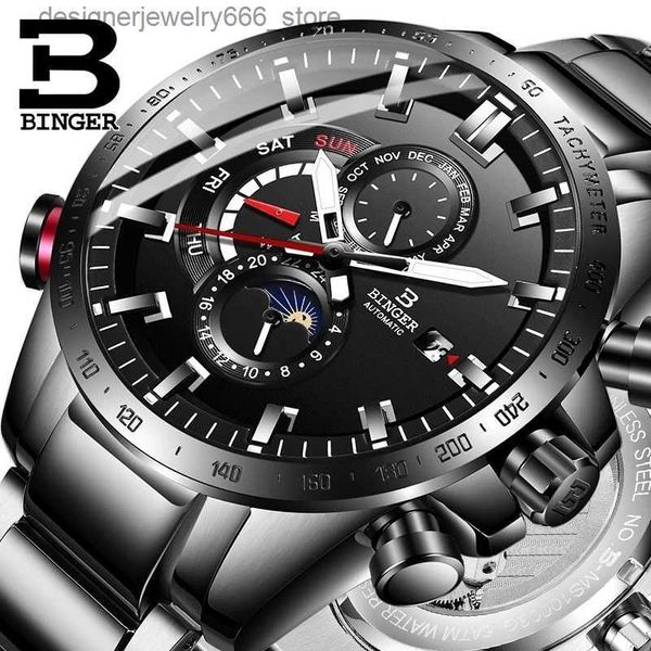 Otros relojes Genuino de lujo Suiza Binger Marca Mens es Automático Mecánico Luminoso Impermeable Correr Calendario Masculino Fase lunar Q231204