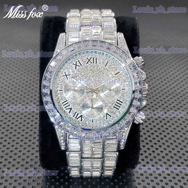 Otros relojes Hombres de lujo de gama alta helado hacia fuera repuesto CZ Diamante Cuarzo Muñeca Moda Plata Acero inoxidable Cronógrafo Reloj Venta caliente T240329