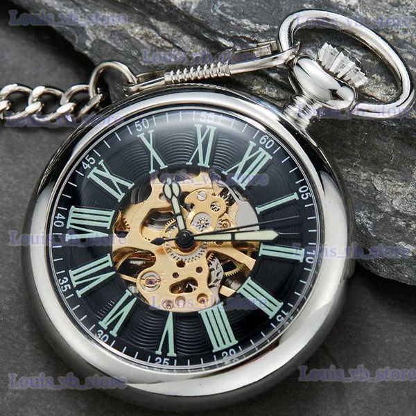 Autres montres Vente chaude Antique Lisse Argent Squelette Transparent Poche Mécanique Pour Hommes FOB Chaîne Enroulement À La Main Reloj De Bolsillo T240329