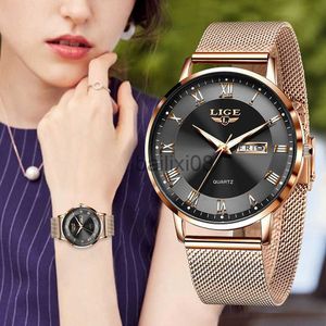 LIGE Femmes Montre Brelet Quartz Horloge Mouvement Simple Étanche Or Rose En Acier Inoxydable Maille Dames Montres Relogio Feminino J230728