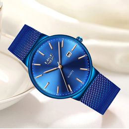 Autres montres LIGE Womens Top Marque de luxe Analog QuartzWatche Femmes Full Blue Mesh Acier inoxydable Date Horloge Mode Cadran ultra-mince 231118